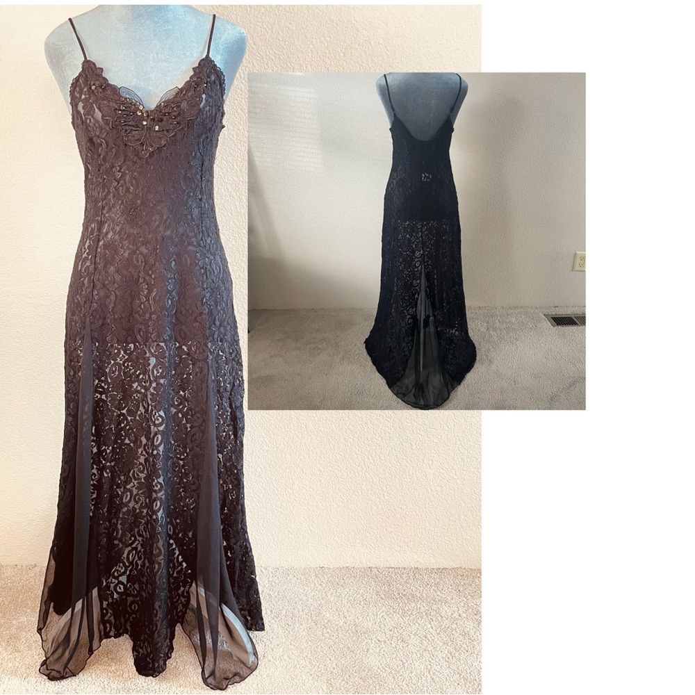 Shirley of Hollywood Chiffon Train Lace Long Maxi Nightgown Slip Dress Vintage